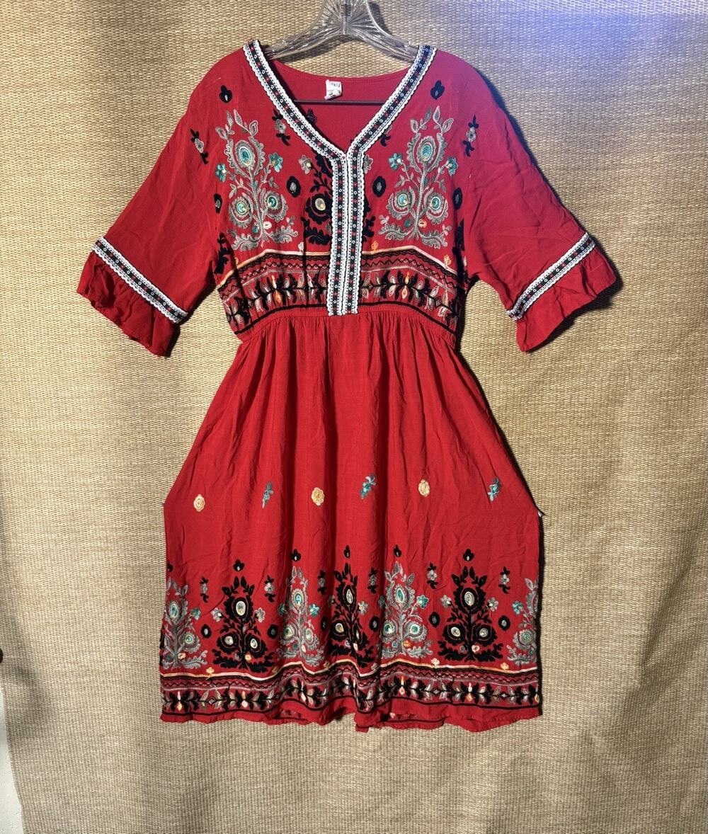 Shineflow Red Boho Embroided Dress Floral Lg